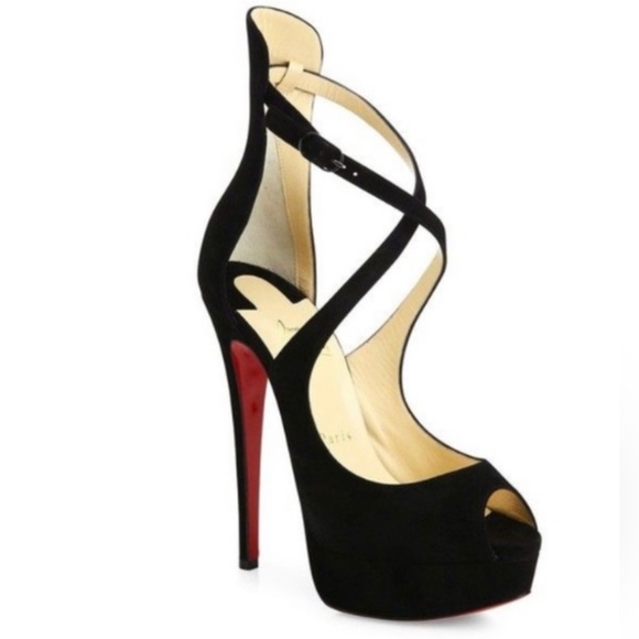 Christian Louboutin Marlenalta 150 Black Suede Strap Platform Heels 38.5